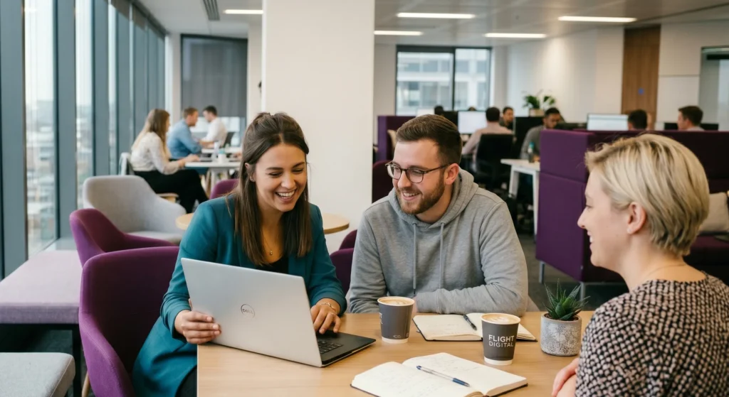 SaaS SEO team members collaborating in a relaxed modern office environment