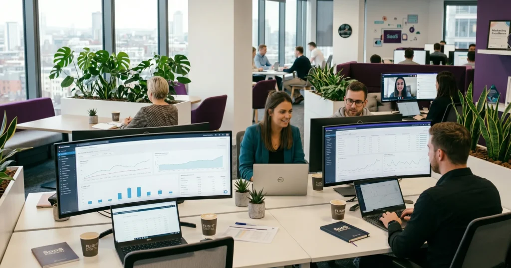 SaaS SEO team working in modern office with SEO dashboards and analytics monitors