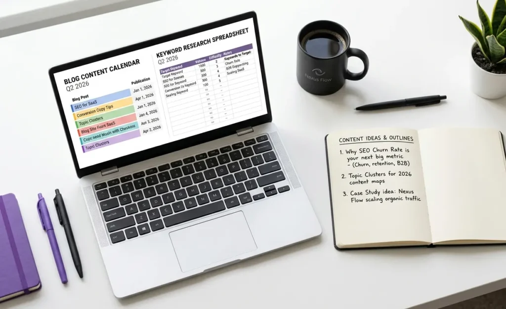 SaaS content writing workspace showing content calendar and keyword research on laptop screen