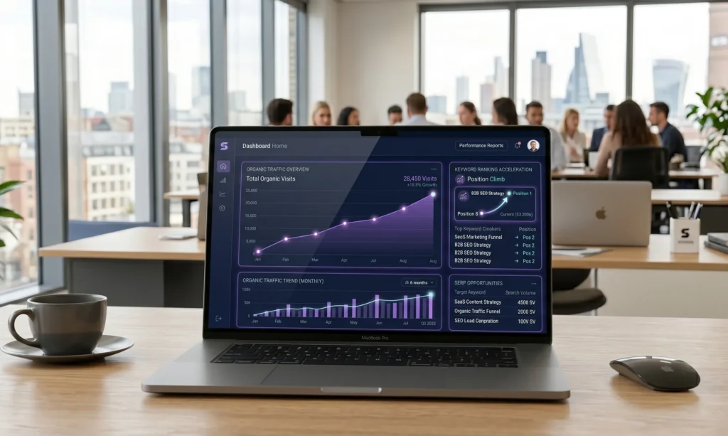 SaaS SEO consulting analytics dashboard showing organic traffic growth and keyword rankings