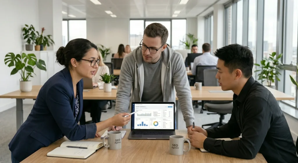 SaaS SEO consultants reviewing organic growth strategy and content roadmap for a software company