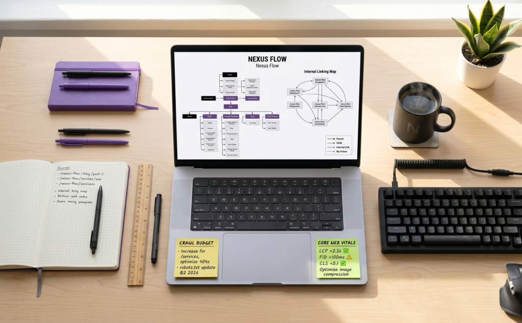 Desk showing SaaS site architecture diagram with internal linking map and technical SEO planning notes