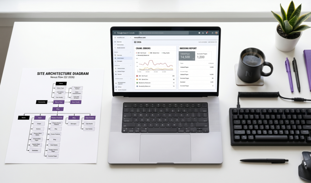 Technical SEO audit workspace showing Google Search Console crawl errors and site indexing report