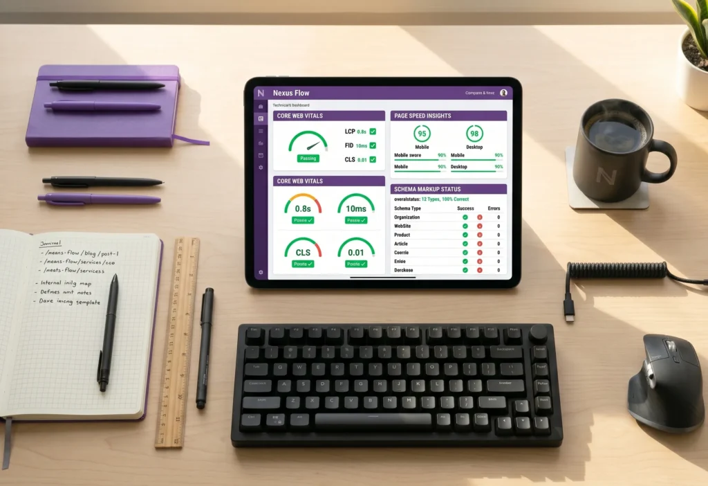Tablet showing SaaS technical SEO dashboard with passing Core Web Vitals scores and page speed results