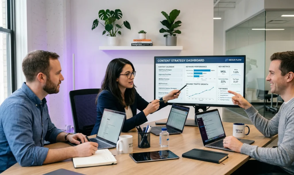 SaaS content writing team reviewing keyword strategy and content calendar on dashboard