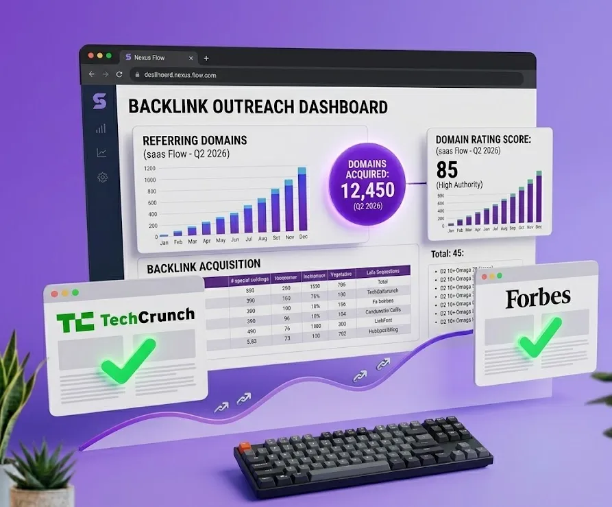 SaaS link building outreach dashboard showing secured backlinks and domain authority growth