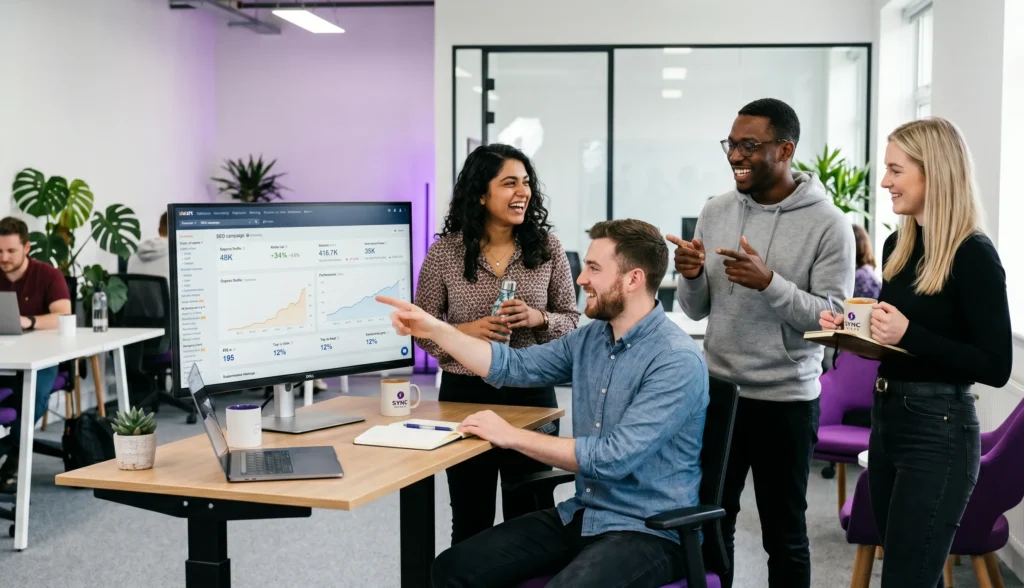 SaaS SEO team collaborating on organic growth strategy in modern office