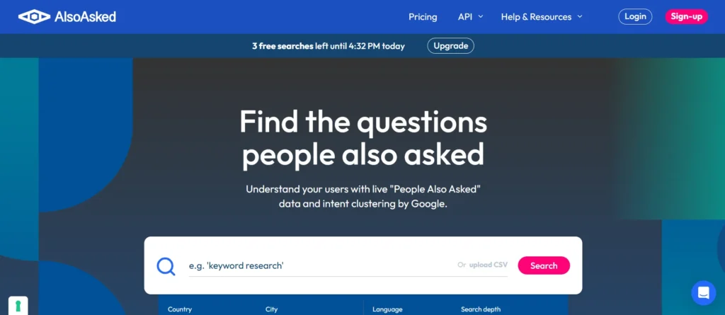 AlsoAsked homepage featuring People Also Ask keyword research visualization tool