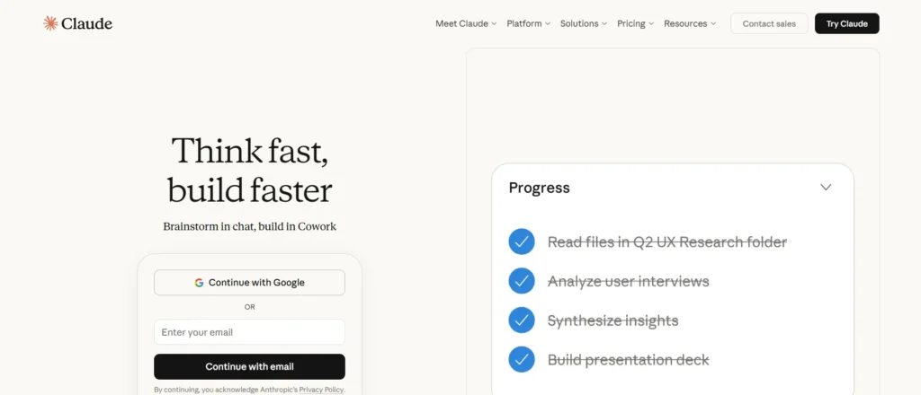 Claude AI homepage focused on AI writing and content editing assistance