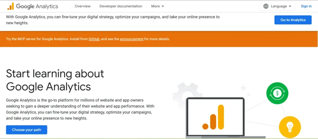 Google Analytics 4 homepage showing website analytics and conversion tracking tools