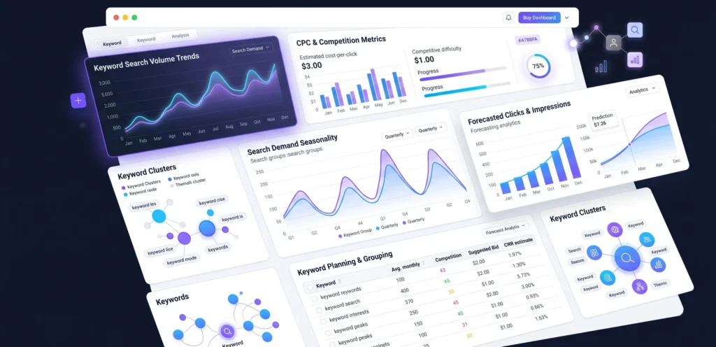 SaaS keyword research and forecasting dashboard illustration showing search volume trends, CPC analysis, and SEO planning metrics