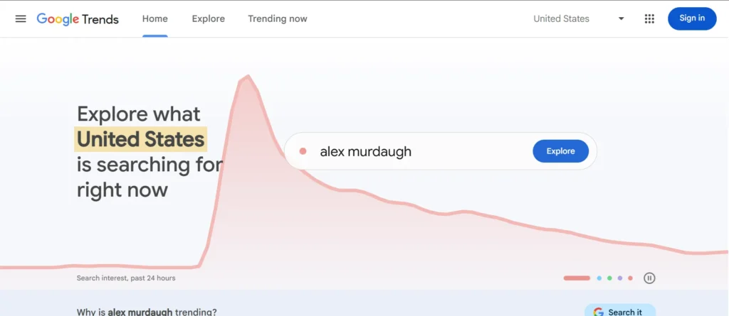 Google Trends homepage displaying search trend and topic popularity insights