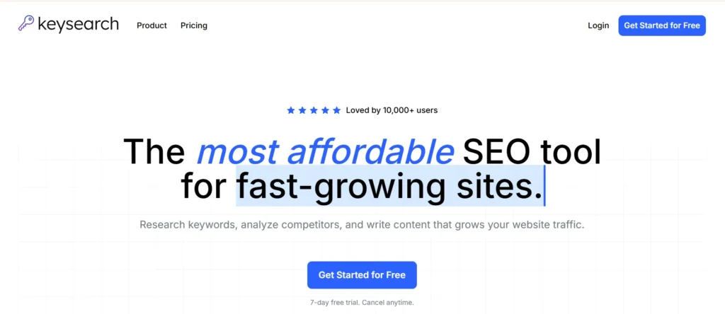 KeySearch homepage showcasing keyword research and competitor analysis platform