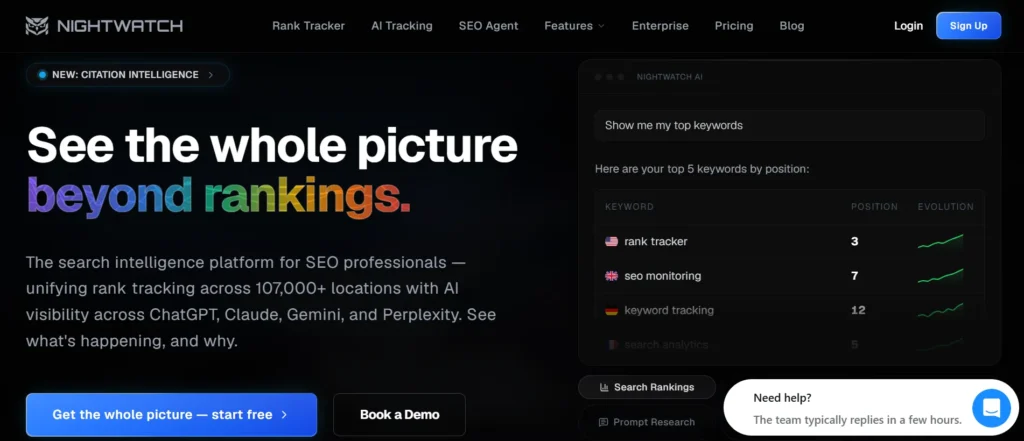 Nightwatch homepage displaying keyword rank tracking and SEO reporting features