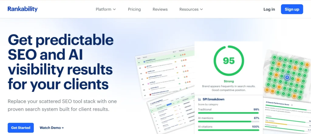 Rankability homepage highlighting AI SEO optimization and search visibility tracking