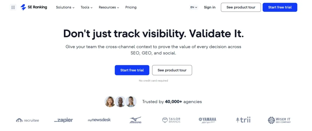 SE Ranking homepage featuring all in one SEO and rank tracking tools