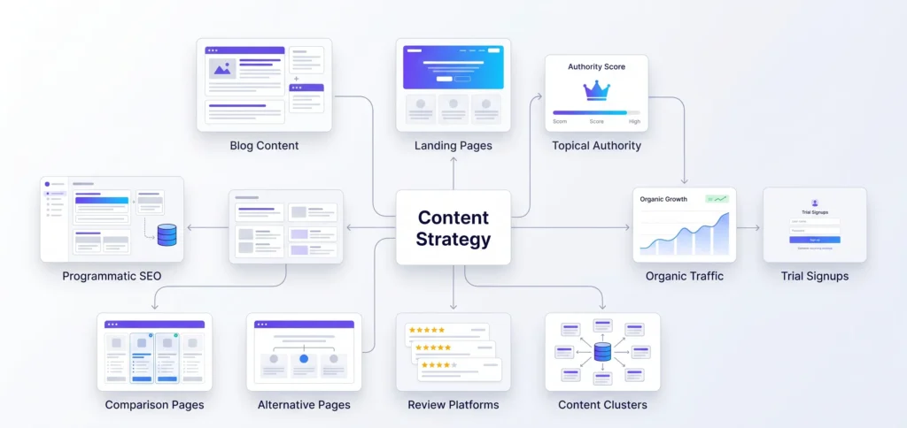Clean SaaS content strategy workflow with blogs landing pages programmatic SEO and conversion systems