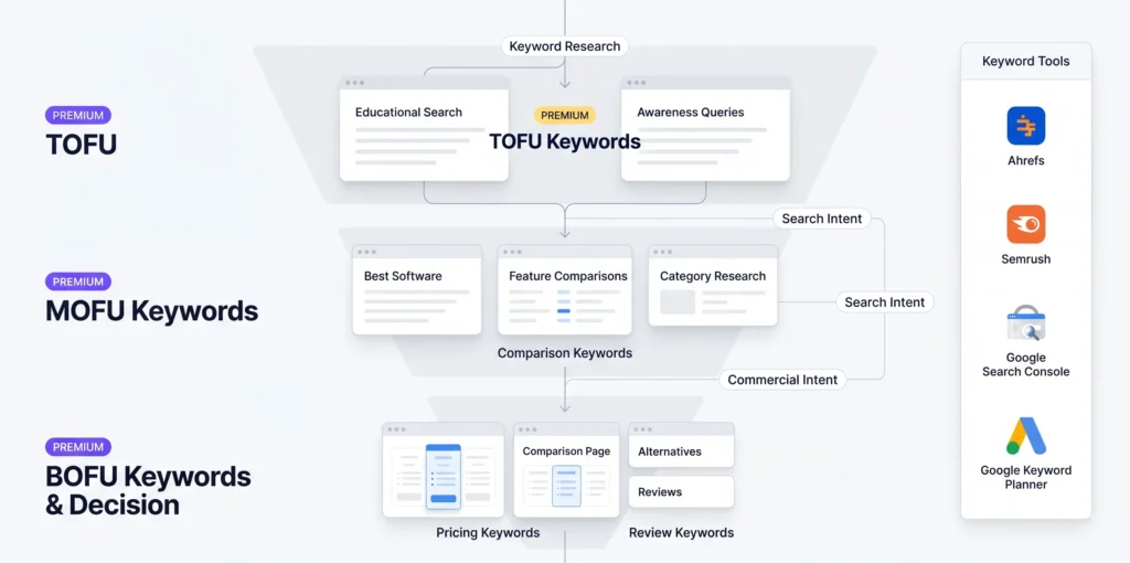 Clean SaaS keyword research workflow showing TOFU MOFU BOFU intent mapping and SEO analysis tools