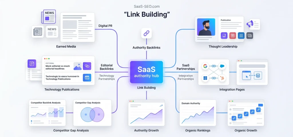 Clean SaaS link building ecosystem with digital PR backlinks and authority partnerships