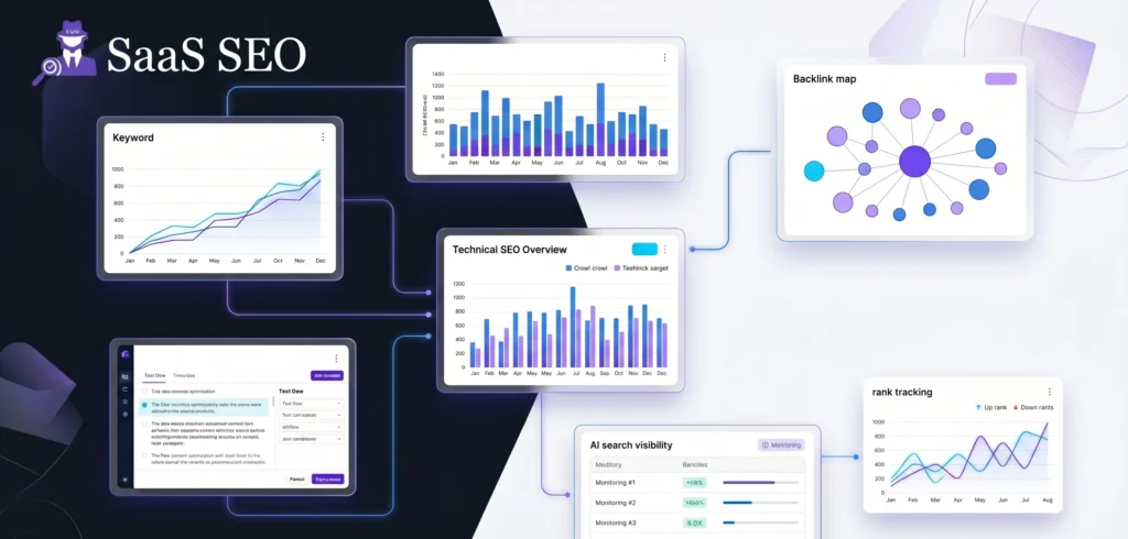 Modern SaaS SEO tools dashboard hero image showing keyword research, technical SEO, AI visibility, analytics, and ranking optimization platforms in a futuristic interface