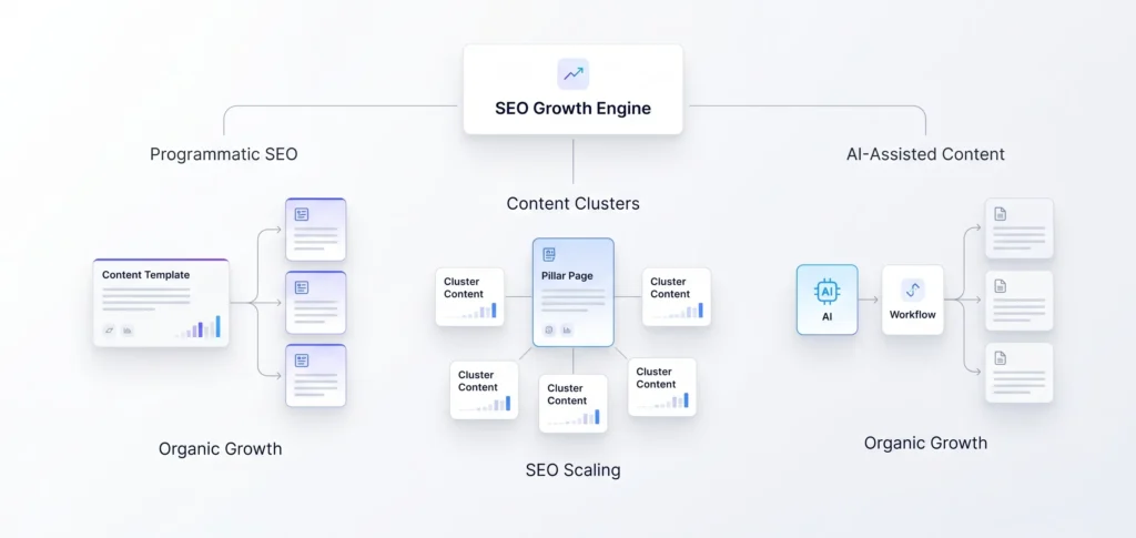 Clean SaaS SEO scaling workflow with AI-assisted content systems and programmatic SEO architecture