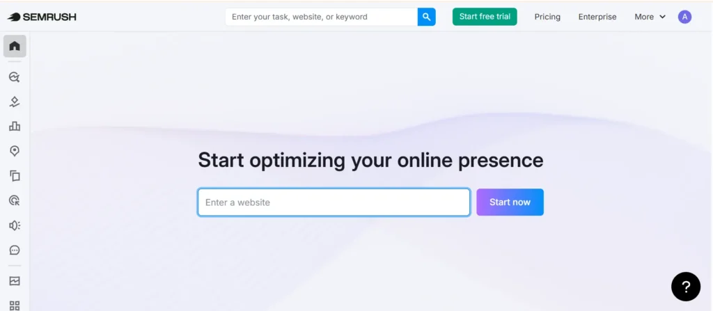 Semrush homepage showing SEO, keyword research, and digital marketing platform features