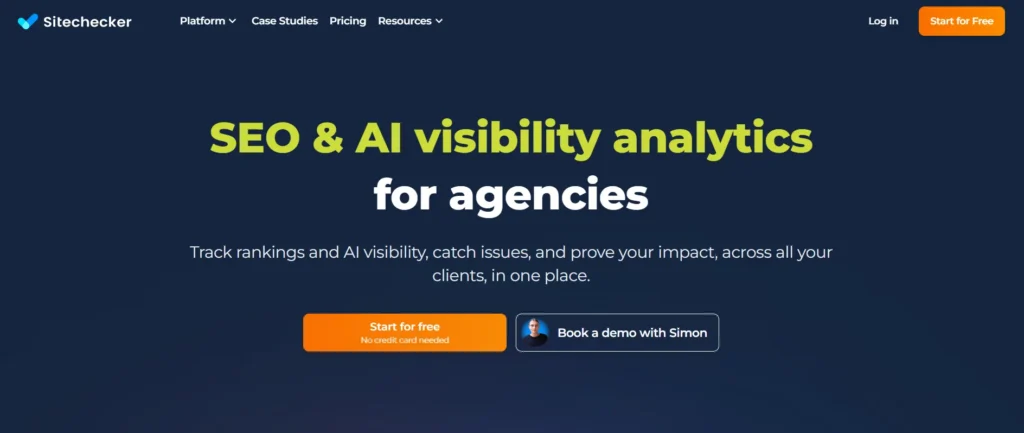 Sitechecker homepage displaying SEO monitoring and website audit solutions