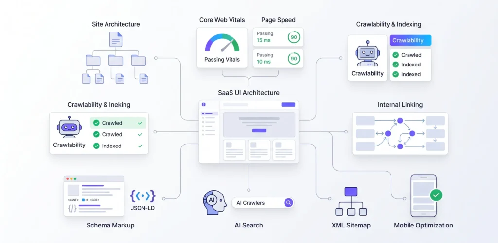 Clean SaaS technical SEO system with schema markup crawlability and Core Web Vitals optimization