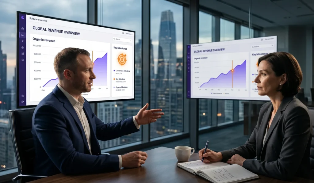 Professional corporate photography of tech founders reviewing a purple and orange revenue growth dashboard in a modern SaaS boardroom.