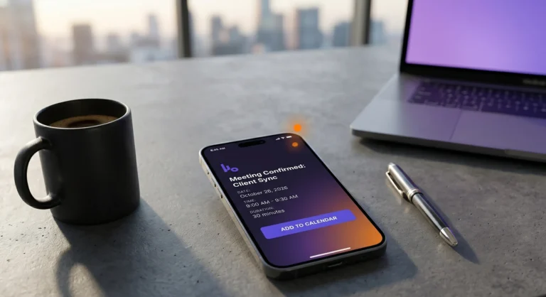 First-person realistic view of a tech executive's desk with a smartphone displaying a scheduled pipeline strategy meeting invitation