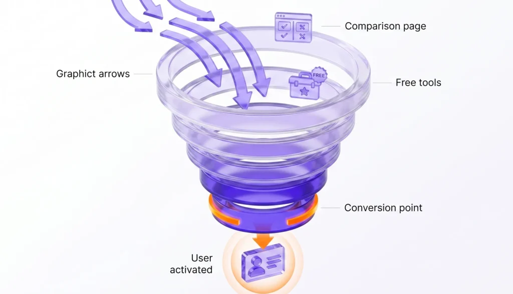 Minimalist 3D funnel diagram illustrating how SaaS content like comparison pages and free tools convert organic search traffic into activated product users.