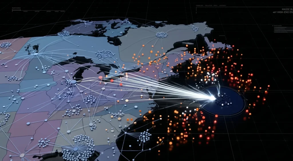 Technical 3D map showing a single data stream precisely targeting a specific high-value business account.