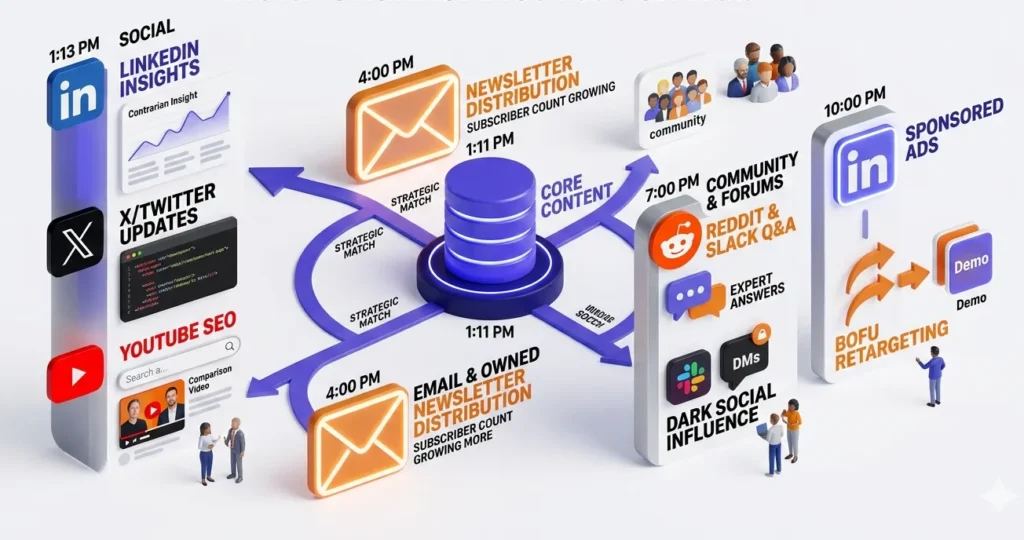 SaaS content hub branching into Social, Email, Community, and Paid channels.