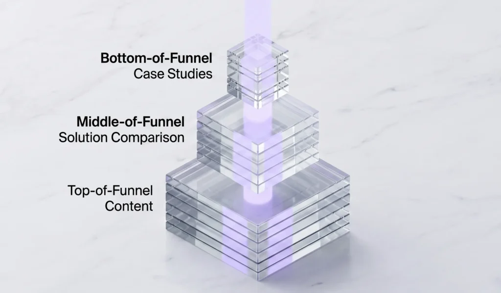 A 3D visualization of SaaS content pillars: Top, Middle, and Bottom of Funnel stacks