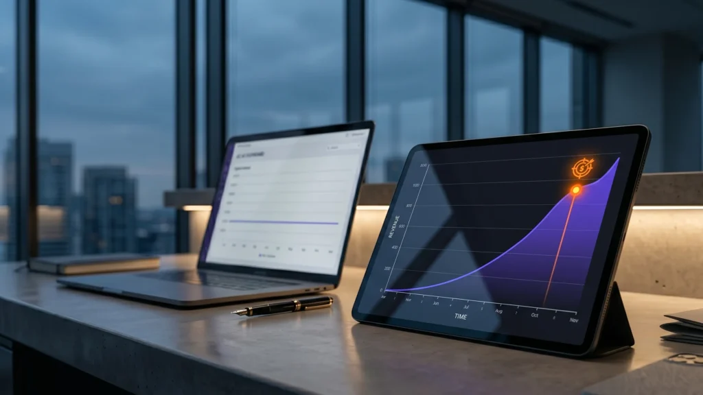 Realistic close-up photography of a tech workspace displaying an exponential organic revenue growth chart