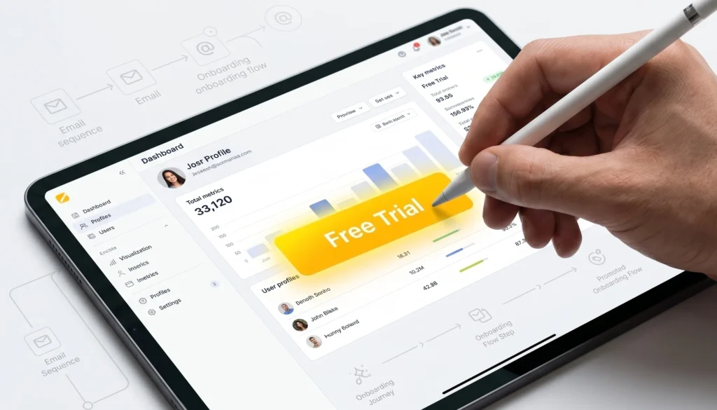 Close-up of hand using stylus to click a glowing Free Trial button on a tablet UI.