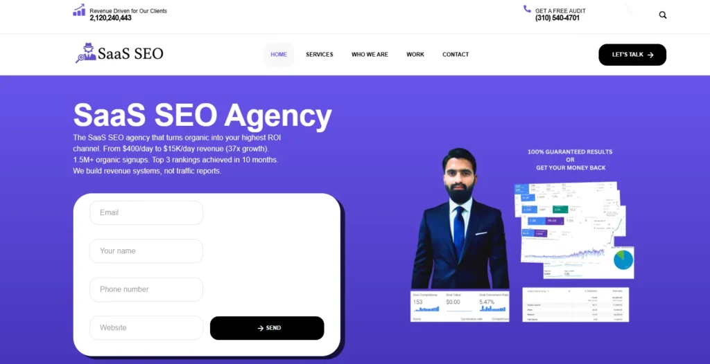 Homepage of an SEO software platform with rank tracking and audit features