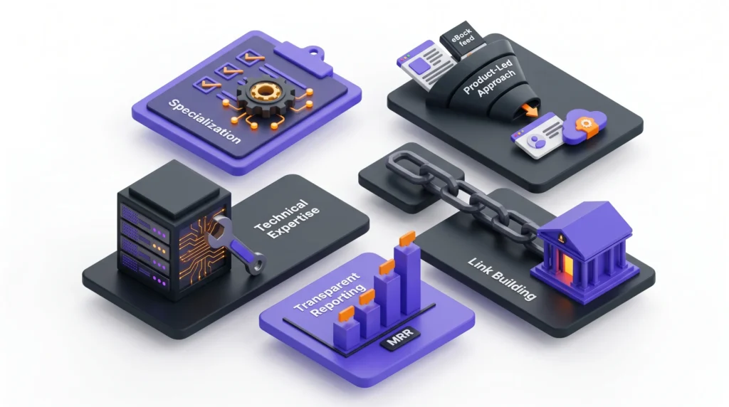 3D isometric infographic showing the five pillars of choosing a SaaS SEO agency: specialization, product-led content, technical expertise, link building, and revenue reporting.
