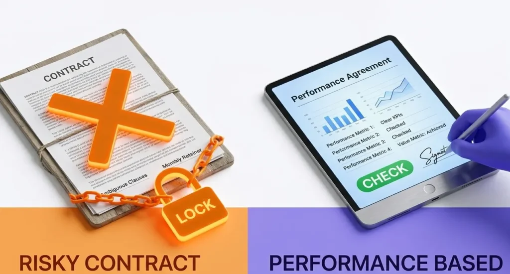 Conceptual illustration comparing risky long-term SEO contracts with transparent, performance-based agreements for software companies.