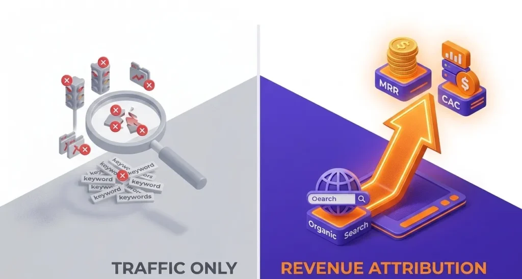 A side-by-side comparison of vanity traffic reporting versus revenue-based attribution showing the connection between organic search and MRR growth.