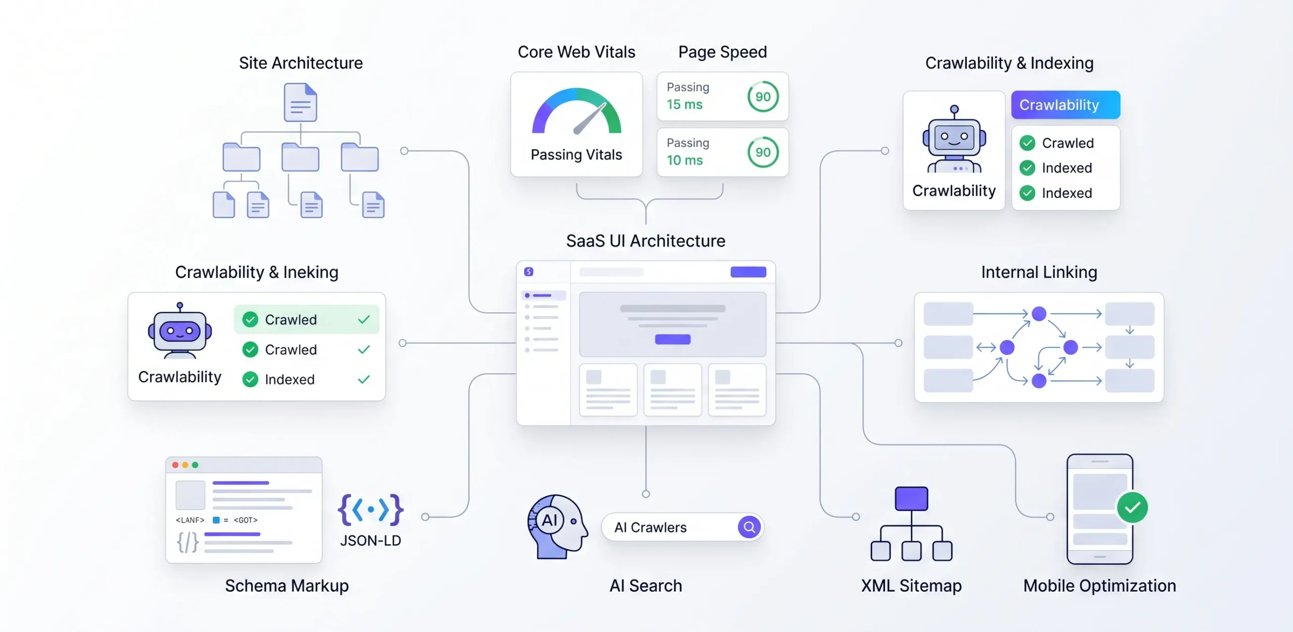 SaaS technical SEO framework covering crawlability, indexing, site speed, schema, and Core Web Vitals