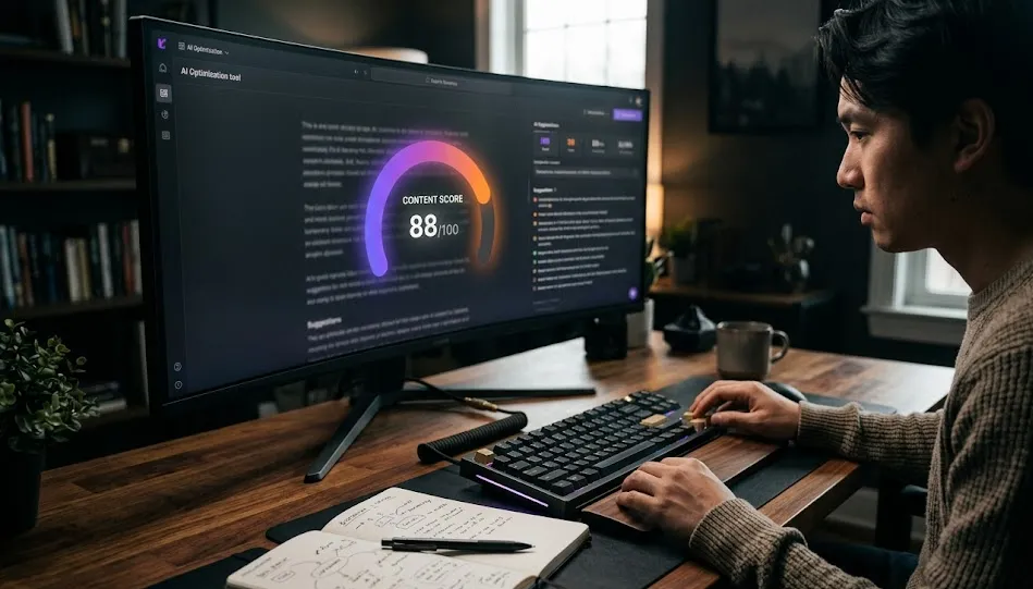 A professional SaaS content creator using a real-time AI optimization dashboard to refine high-intent content.