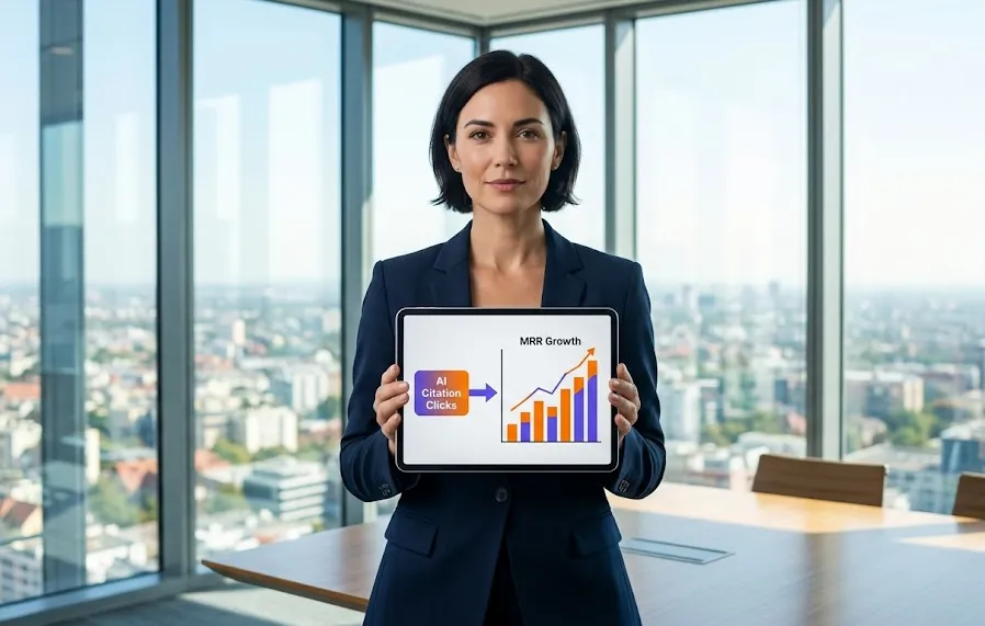 A SaaS founder reviewing a dashboard that links AI-driven organic traffic to compounding revenue growth.
