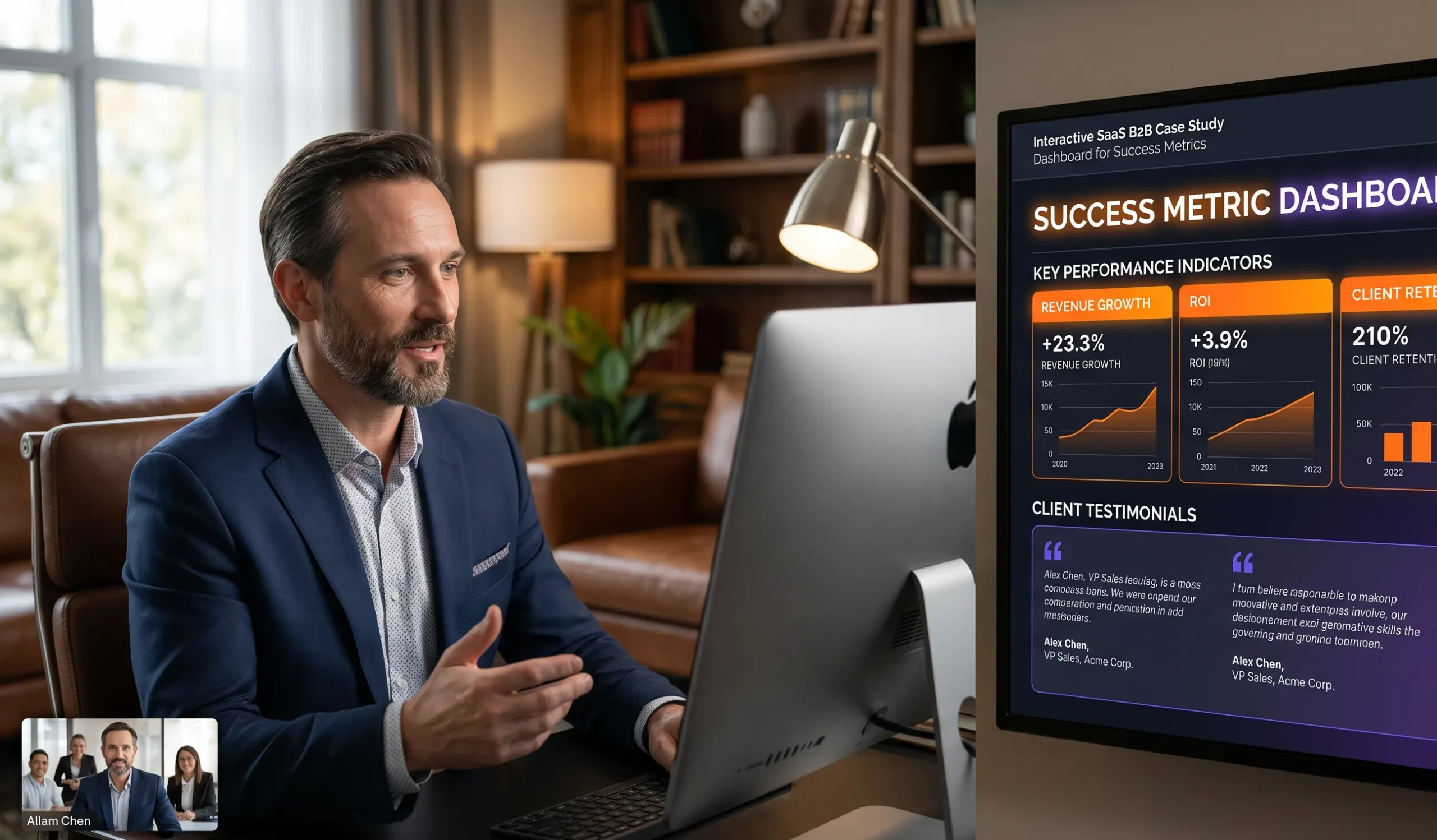 photography of a B2B sales leader sharing a high-conversion customer success story during a client presentation