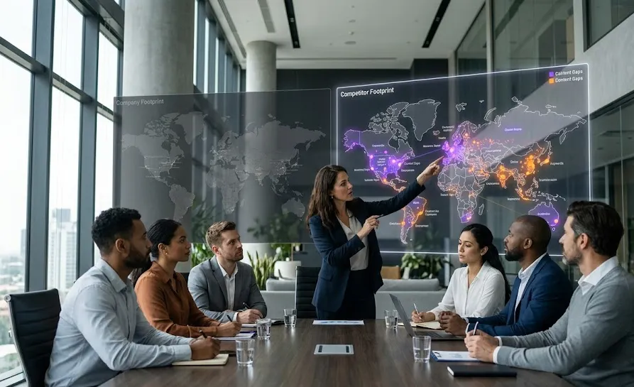 A B2B growth marketing team performing an intensive competitor content gap analysis in a modern office boardroom.