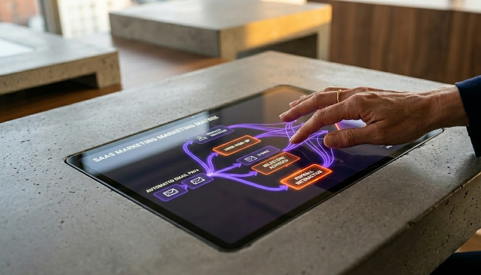 close-up of a tablet screen mapping out automated purple and orange behavioral email triggers for a SaaS platform.