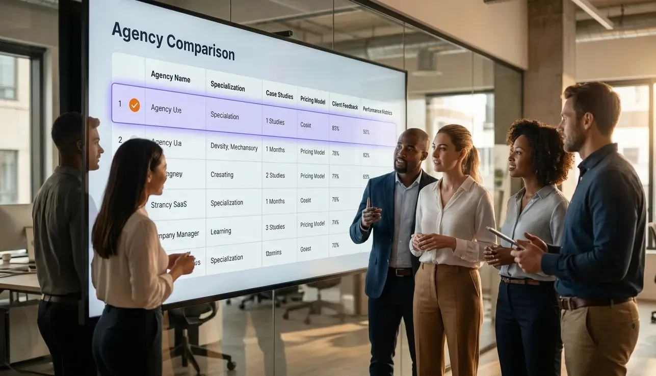 photography of a B2B SaaS marketing team evaluating the top-ranked SEO agencies of 2026 on a digital dashboard.