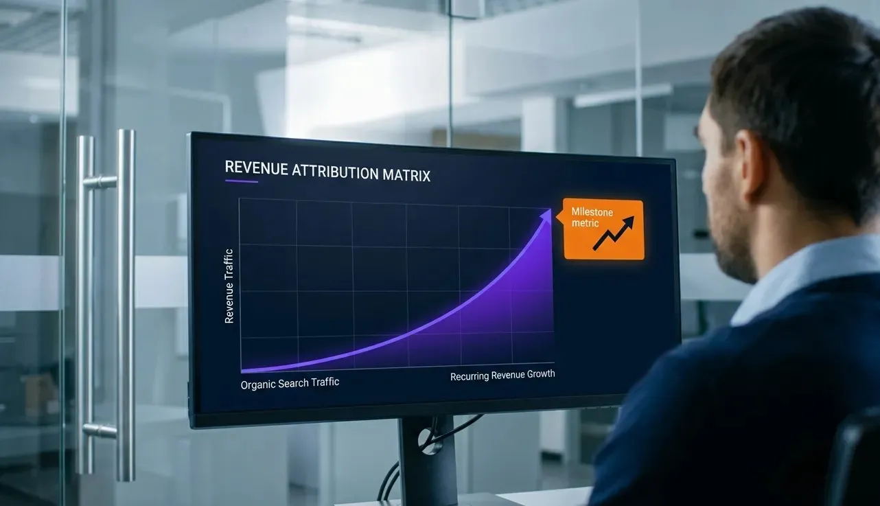 photography of a software executive tracking compounding MRR and pipeline velocity driven by an organic search engine strategy.