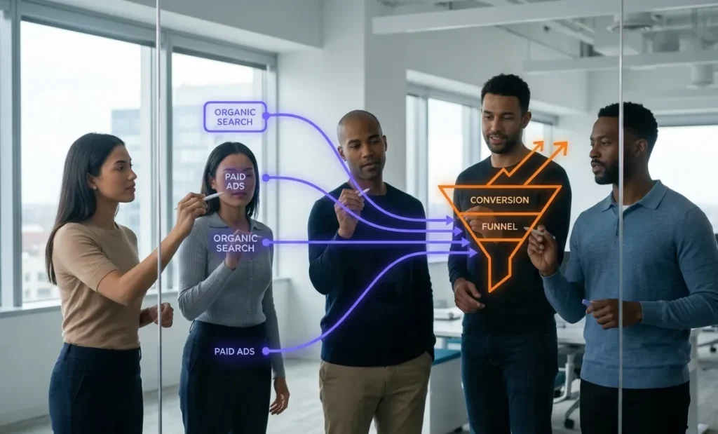 photography of a B2B SaaS marketing team designing an integrated demand generation framework on a digital media screen.
