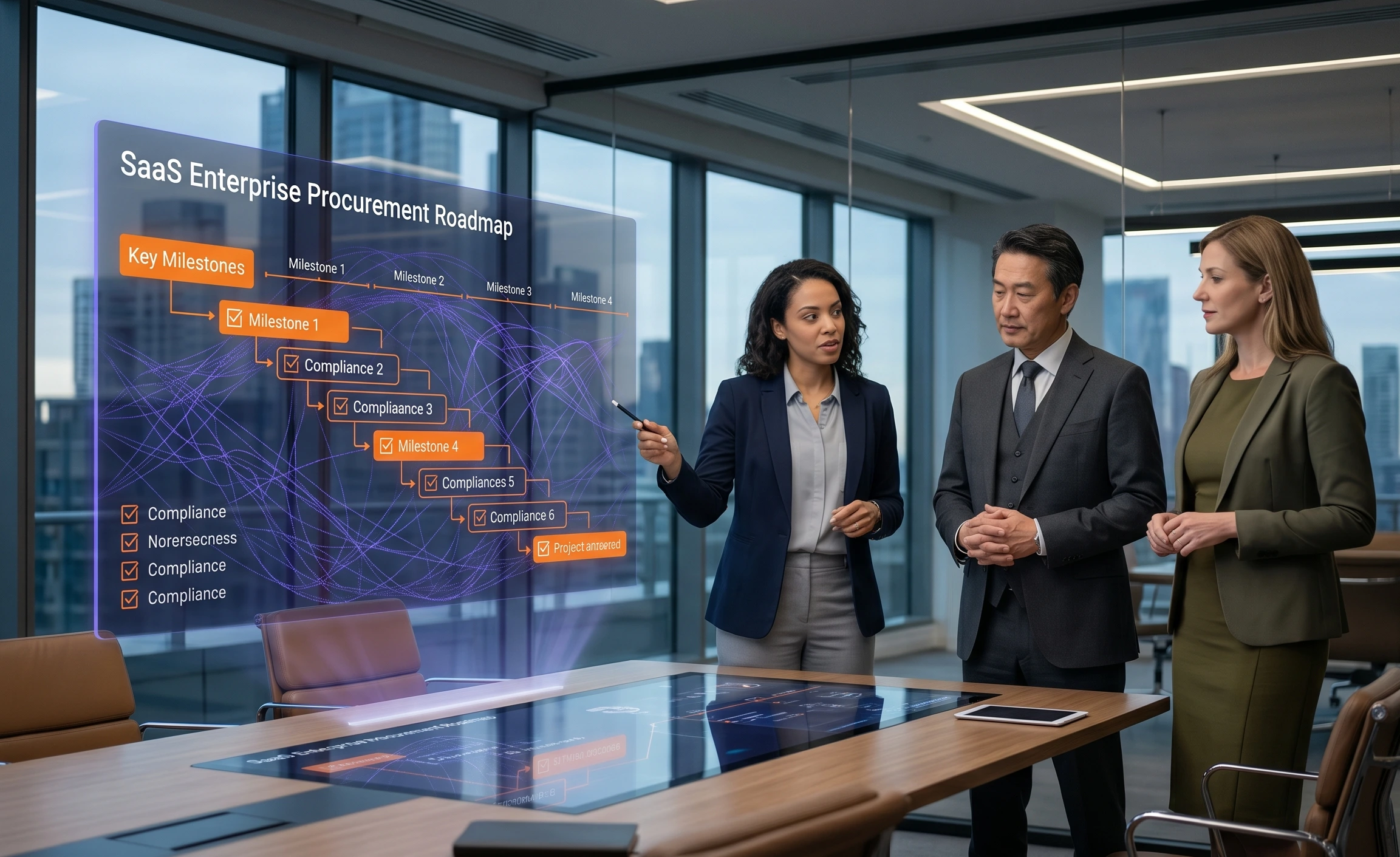 A high-level view of a B2B SaaS buying committee evaluating a vendor roadmap, representing enterprise-grade SEO strategy.